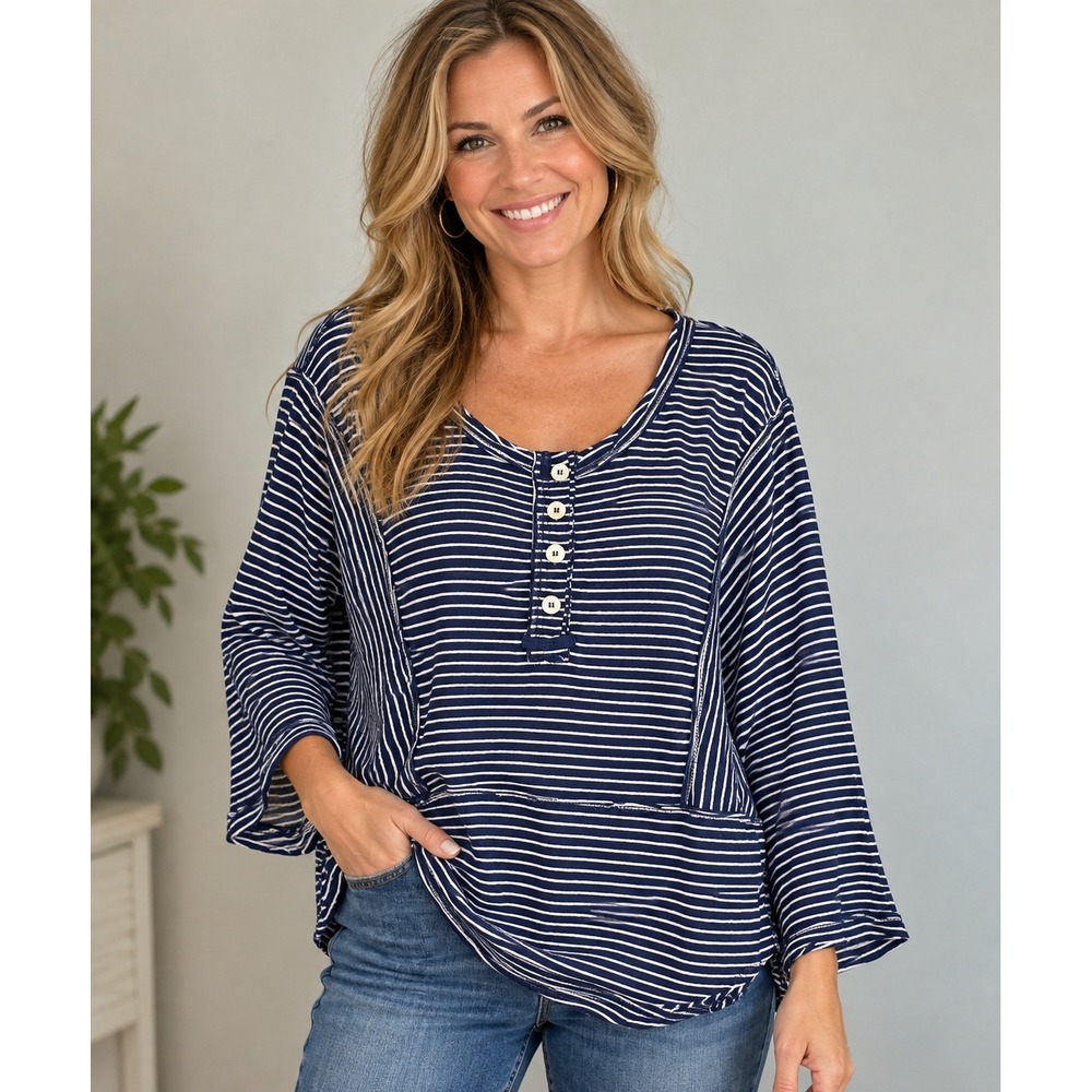 209.  We The Free Free People Blue White Striped Henley Top Long Sleeve Size‎ XS